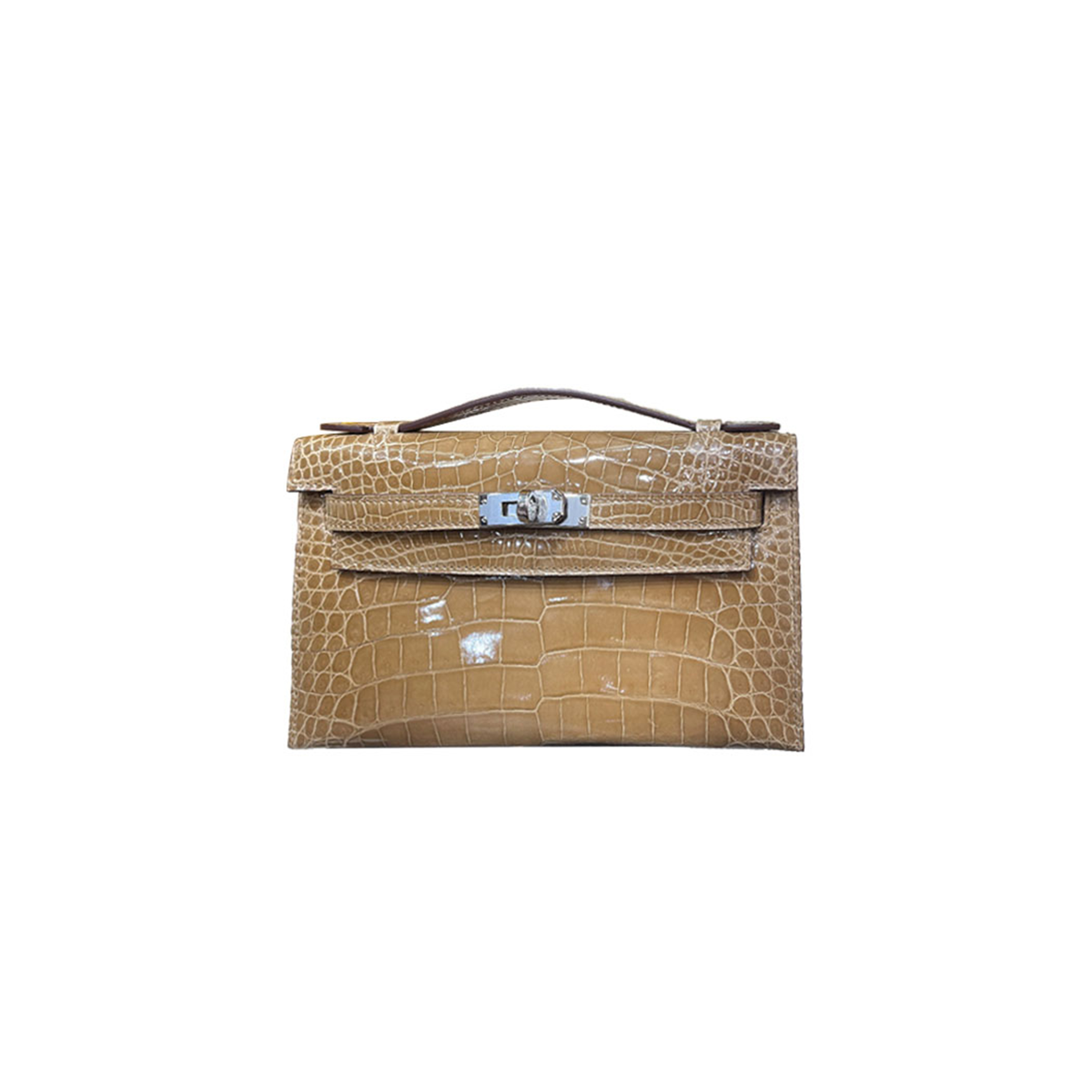 HERMÈS MASTER KELLY POCHETTE SHINY NILOTICUS CROCODILE CARAMEL SILVER BUCKLE (22*14*7cm) 